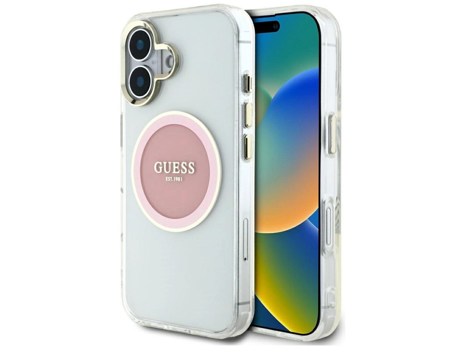 Capa Guess IML Metal Colored Circle Classic Logo MagSafe para iPhone 16 - Rosa