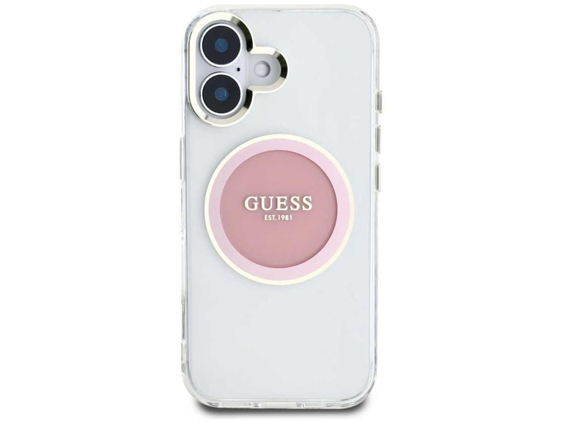 Capa Guess IML Metal Colored Circle Classic Logo MagSafe para iPhone 16 - Rosa