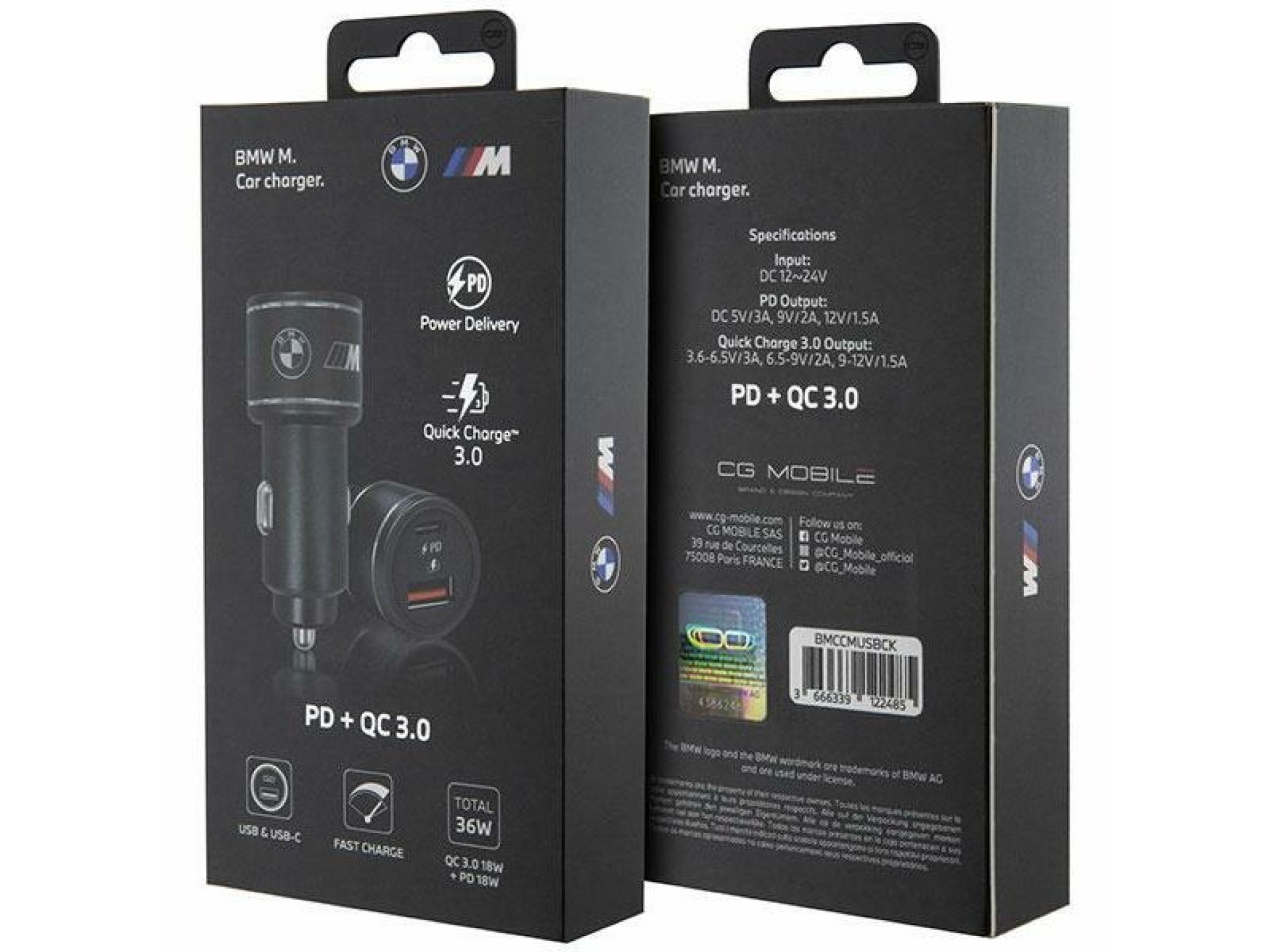 Carregador BMW BMCCMUSBCK PD-QC 3.0 20W Carregamento Rápido preto/preto Edição M