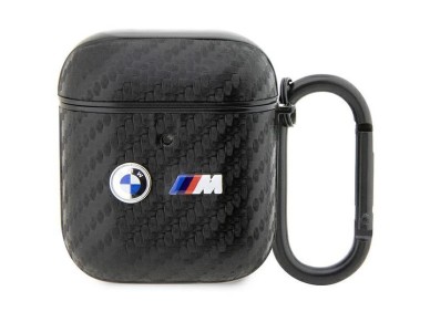 Funda BMW BMA2WMPUCA2 para AirPods 1/2, color negro/negro, con logotipo doble de metal y fibra de ca