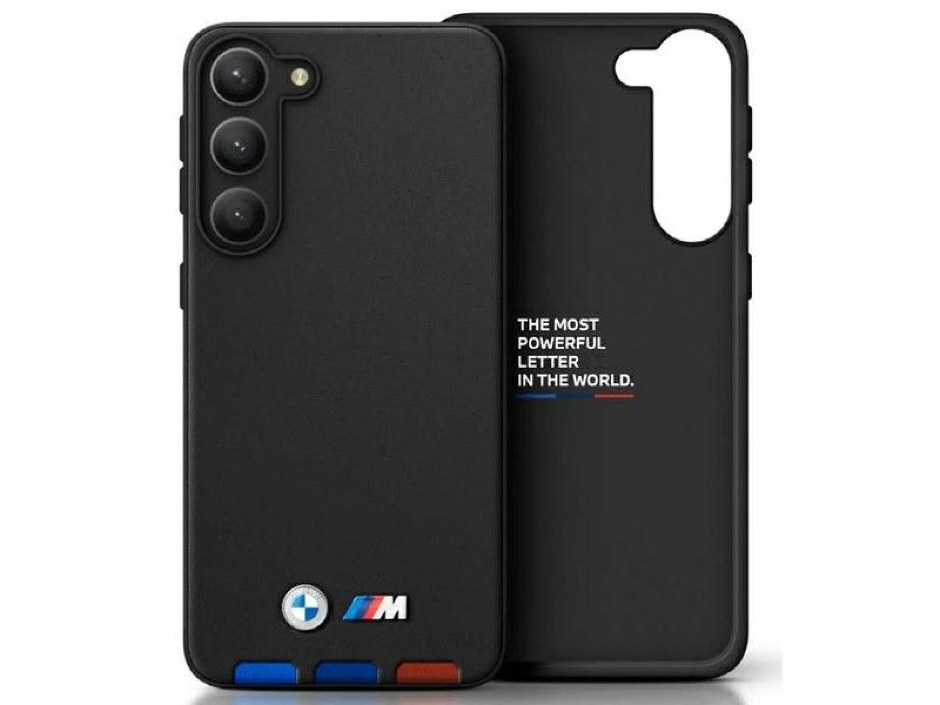 Estuche BMW BMHCSA5422PTDK A54 negro/negro, de cuero, con sello tricolor.