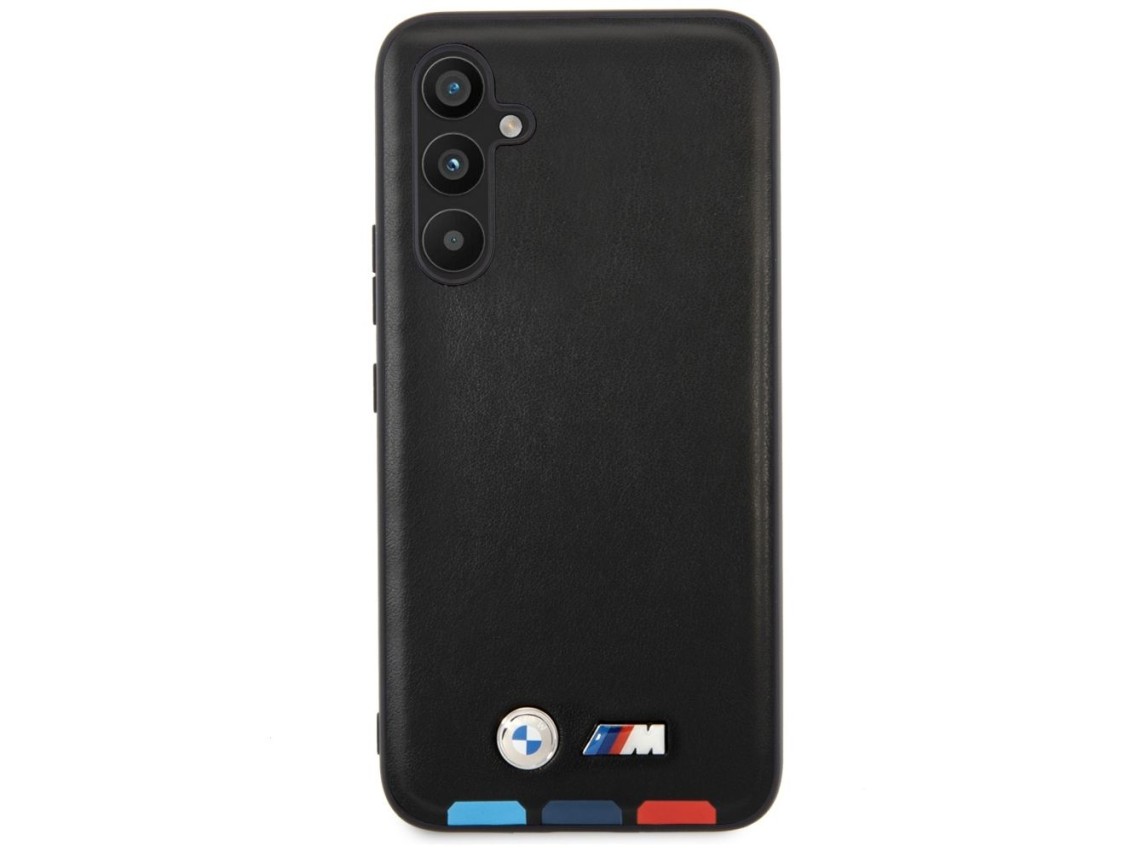 Estuche BMW BMHCSA5422PTDK A54 negro/negro, de cuero, con sello tricolor.