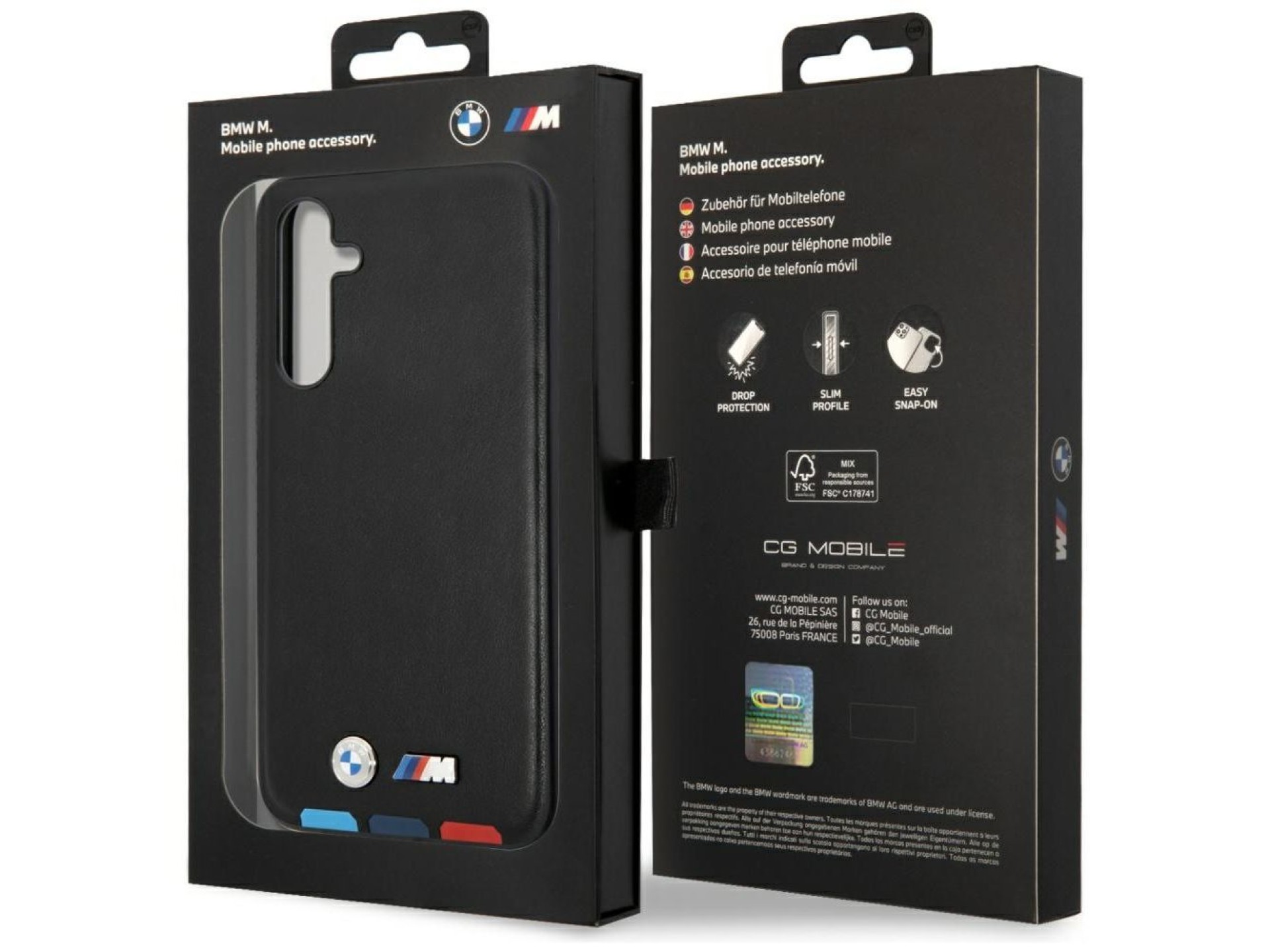 Estuche BMW BMHCSA5422PTDK A54 negro/negro, de cuero, con sello tricolor.