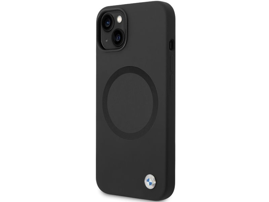 Capa BMW BMHMP14SSILBK2 para iPhone 14 - preta, em silicone líquido Signature com MagSafe.