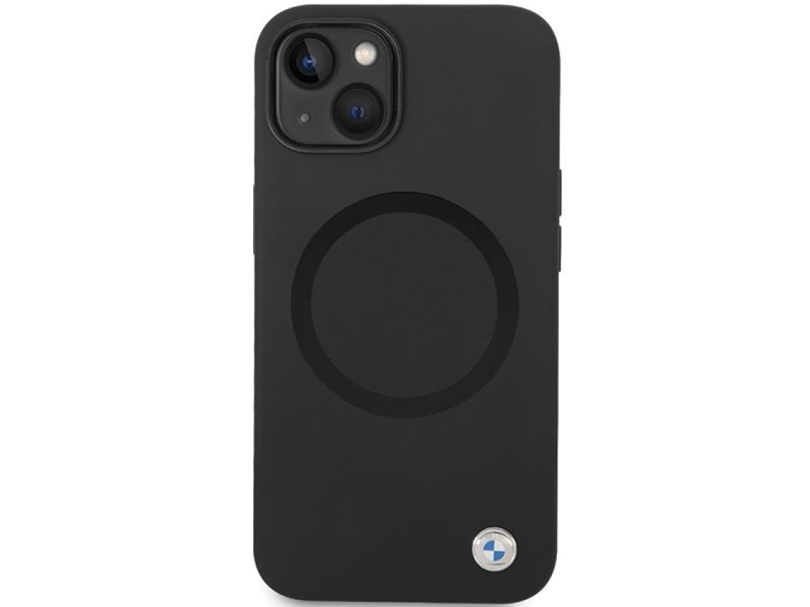 Capa BMW BMHMP14SSILBK2 para iPhone 14 - preta, em silicone líquido Signature com MagSafe.