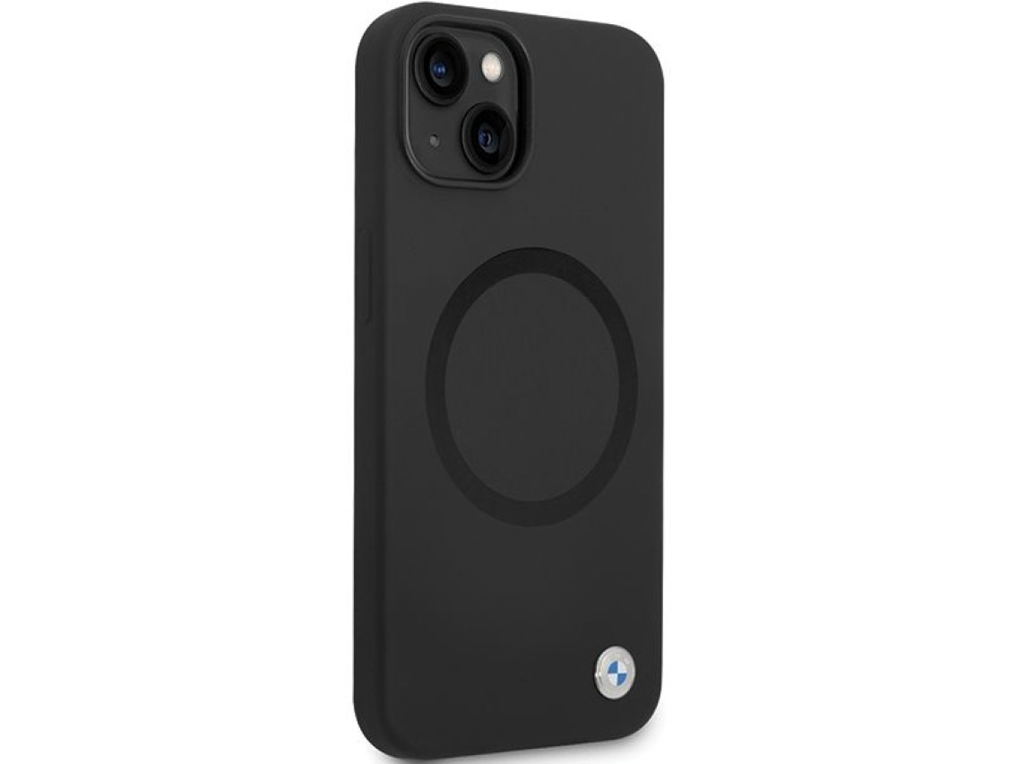 Capa BMW BMHMP14SSILBK2 para iPhone 14 - preta, em silicone líquido Signature com MagSafe.