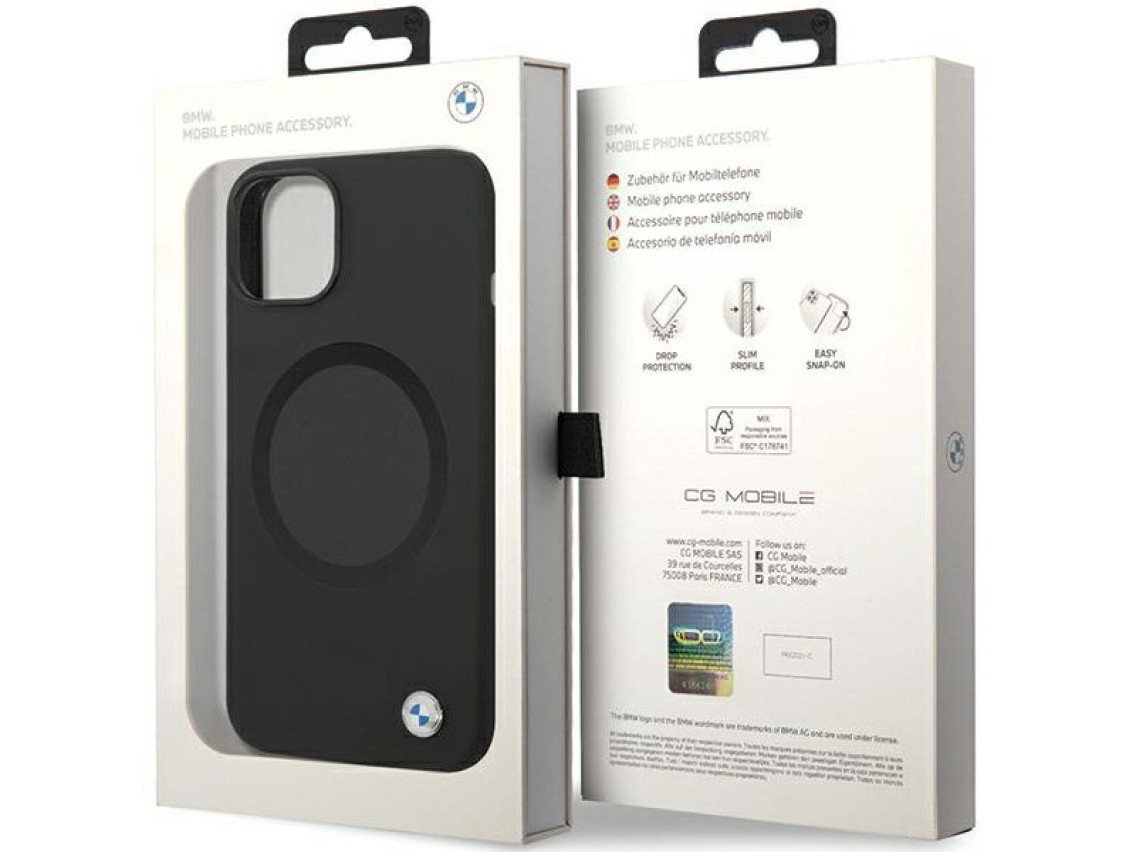 Capa BMW BMHMP14SSILBK2 para iPhone 14 - preta, em silicone líquido Signature com MagSafe.