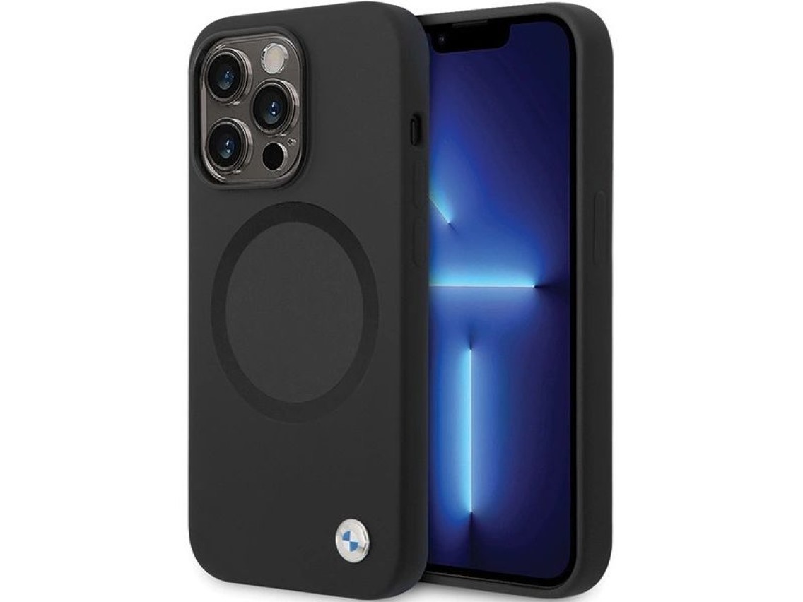 Capa BMW BMHMP14LSILBK2 para iPhone 14 Pro - preta, em silicone líquido Signature MagSafe