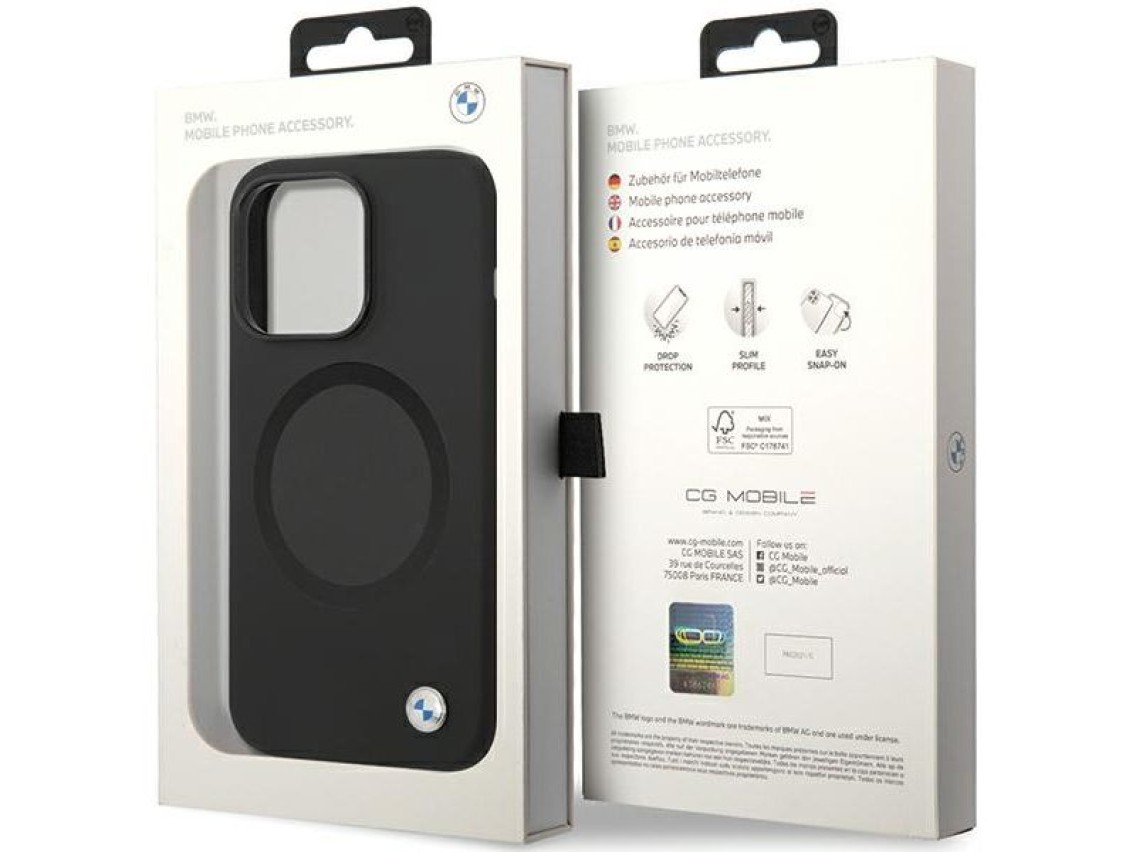 Capa BMW BMHMP14LSILBK2 para iPhone 14 Pro - preta, em silicone líquido Signature MagSafe