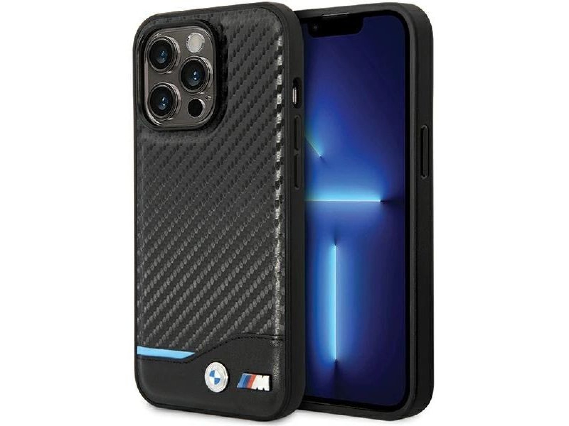 Capa de couro e fibra de carbono BMW para iPhone 13 Pro Max - Preta
