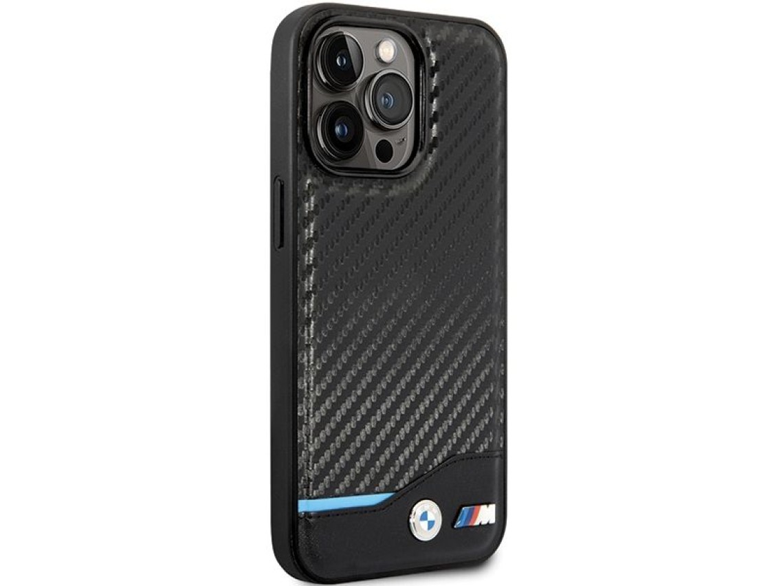 Capa de couro e fibra de carbono BMW para iPhone 13 Pro Max - Preta