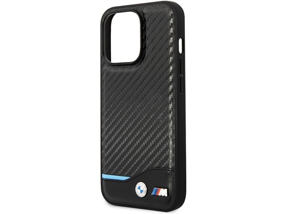 Capa de couro e fibra de carbono BMW para iPhone 13 Pro Max - Preta