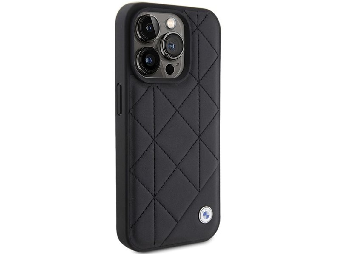 Capa BMW em couro acolchoado para iPhone 15 Pro Max - preta