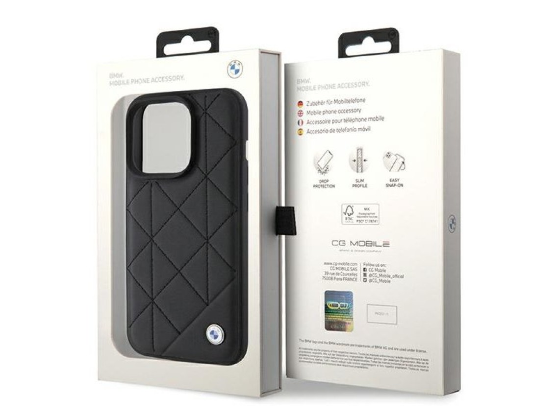 Capa BMW em couro acolchoado para iPhone 15 Pro Max - preta