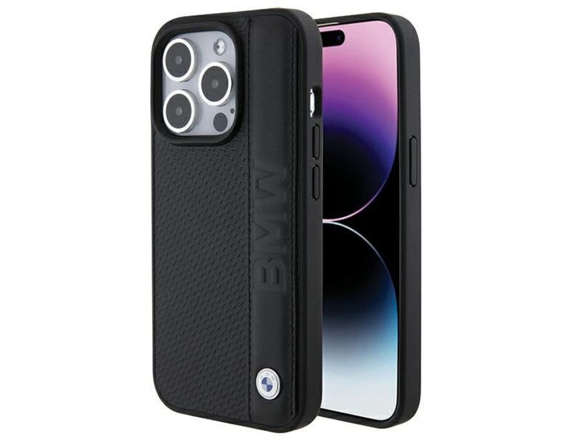 Funda BMW de piel texturizada y rayas para iPhone 15 Pro - negra