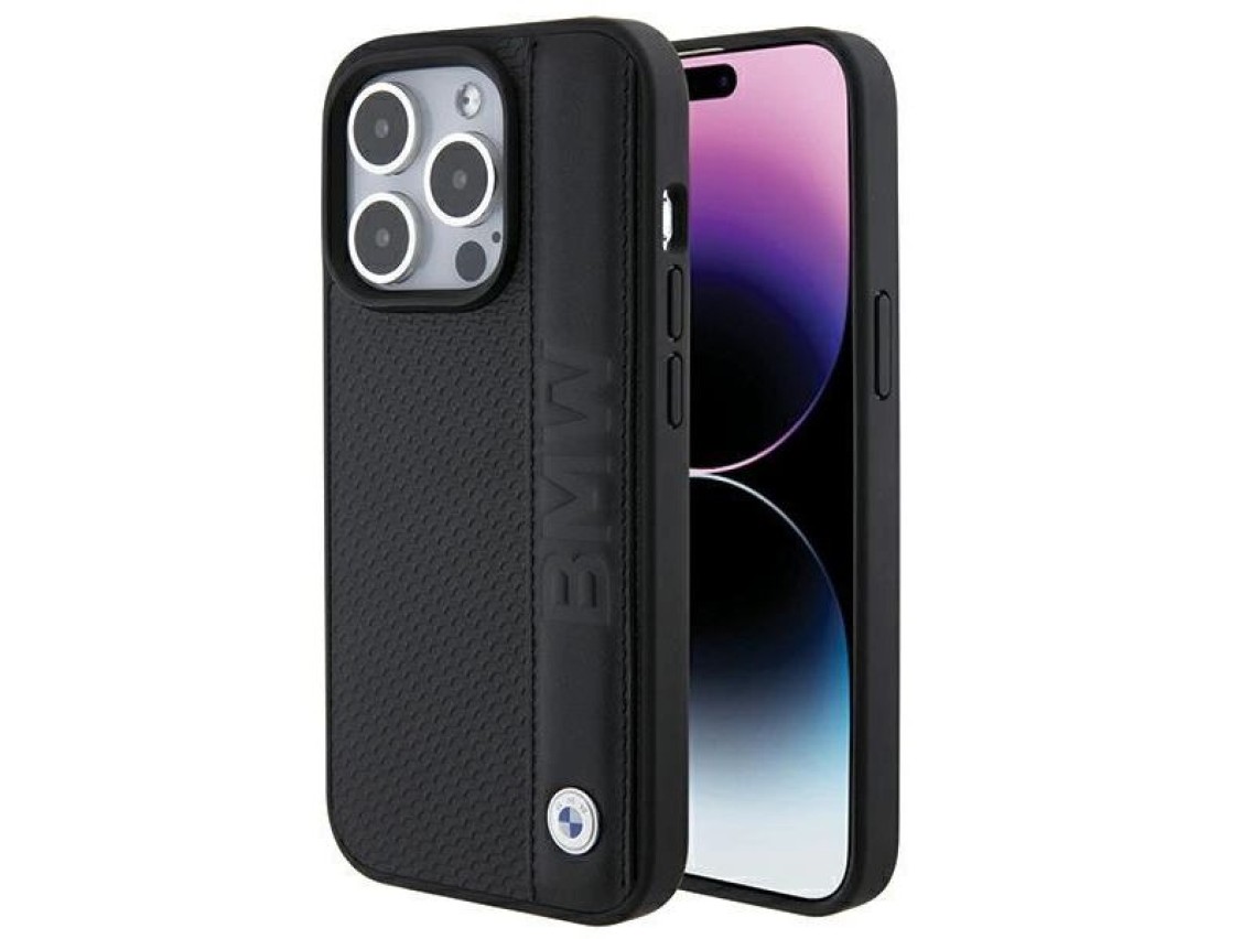 Funda BMW de piel texturizada y rayas para iPhone 15 Pro - negra