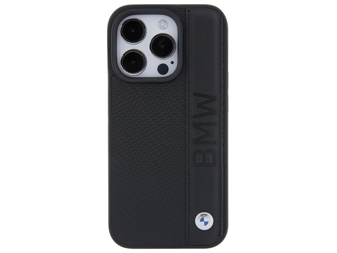 Funda BMW de piel texturizada y rayas para iPhone 15 Pro - negra