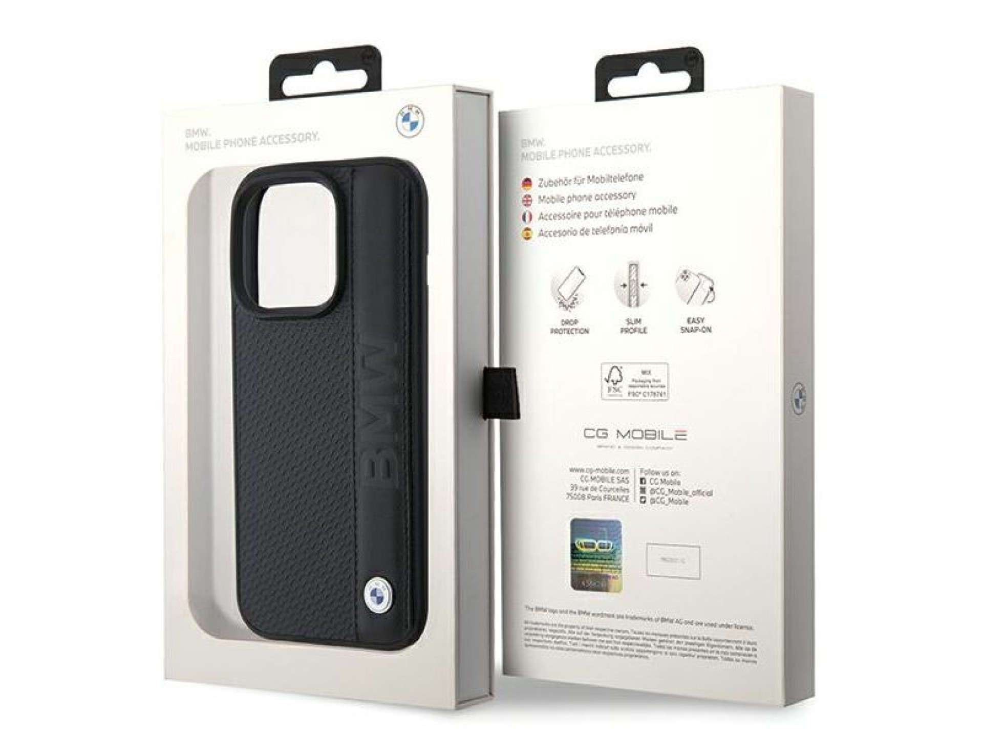 Funda BMW de piel texturizada y rayas para iPhone 15 Pro - negra