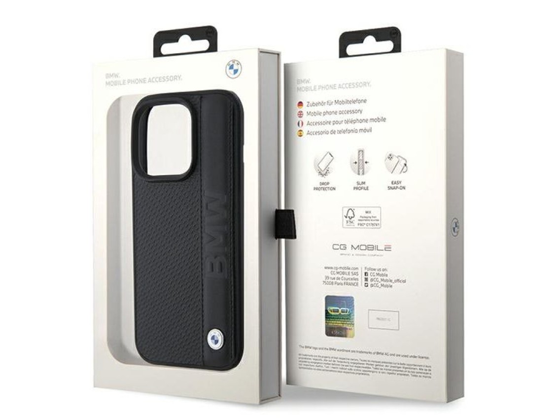Funda BMW de piel texturizada y rayas para iPhone 15 Pro - negra