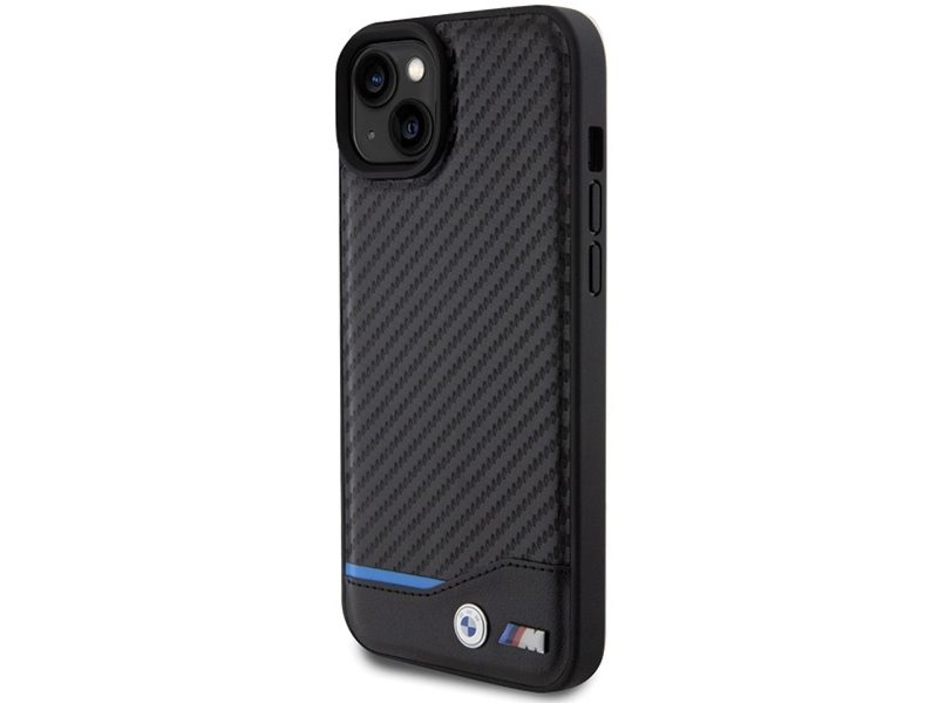Funda BMW de cuero y carbono para iPhone 15 Plus - negra