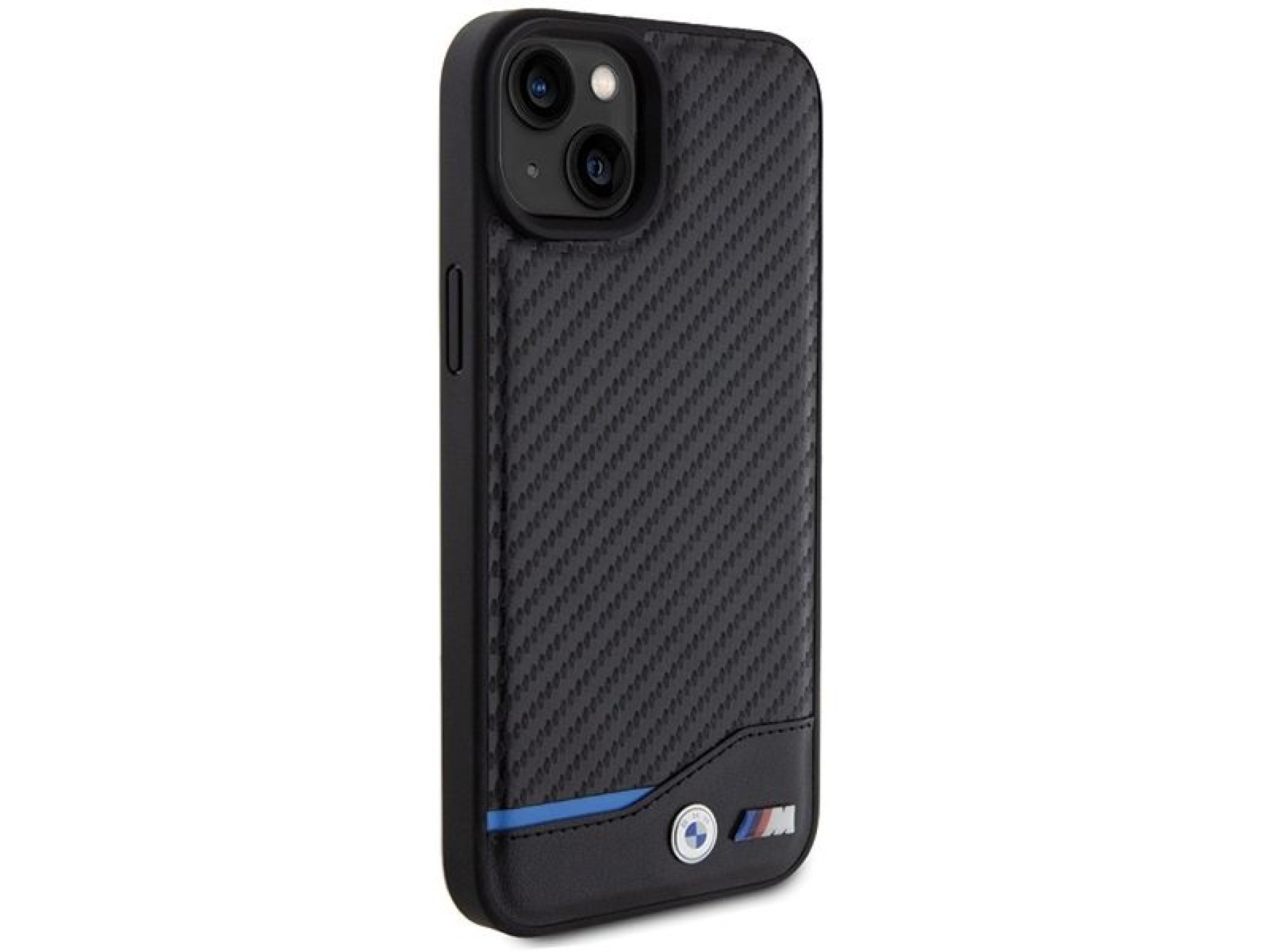 Funda BMW de cuero y carbono para iPhone 15 Plus - negra