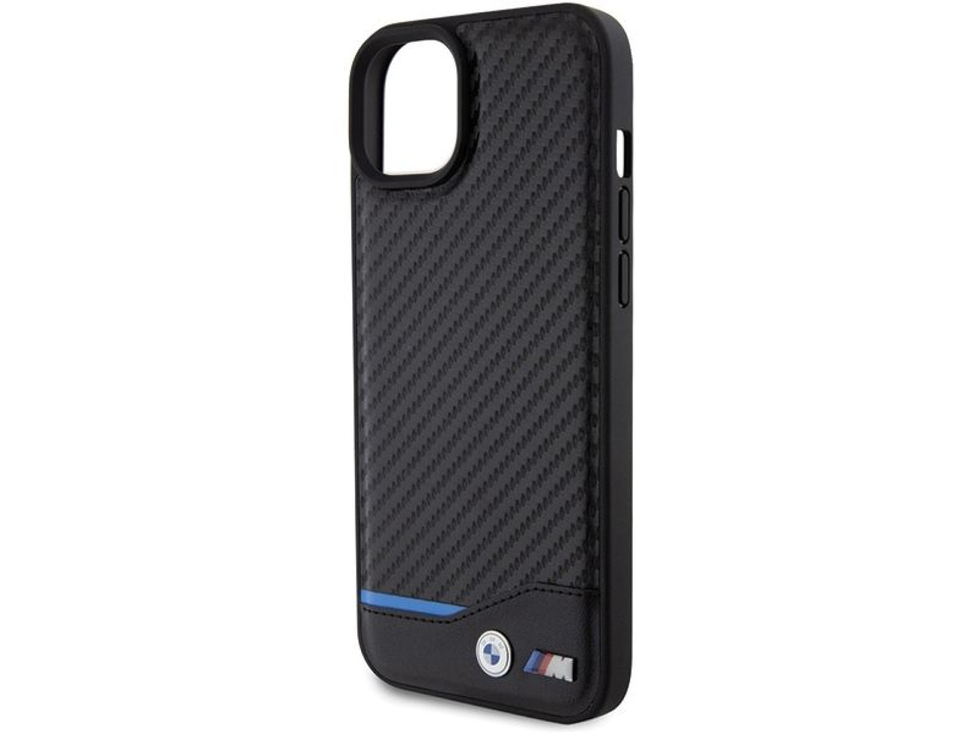 Funda BMW de cuero y carbono para iPhone 15 Plus - negra