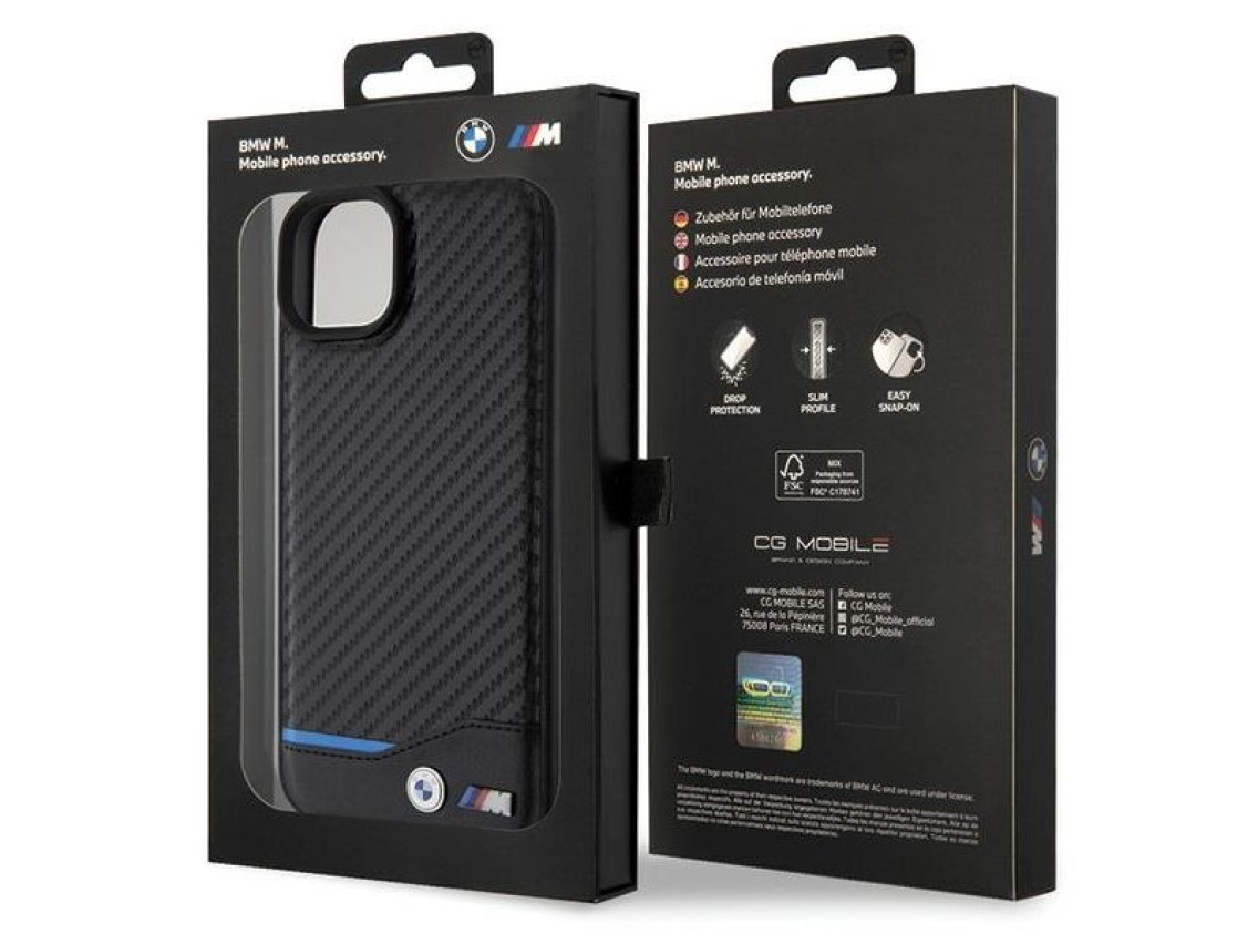 Funda BMW de cuero y carbono para iPhone 15 Plus - negra