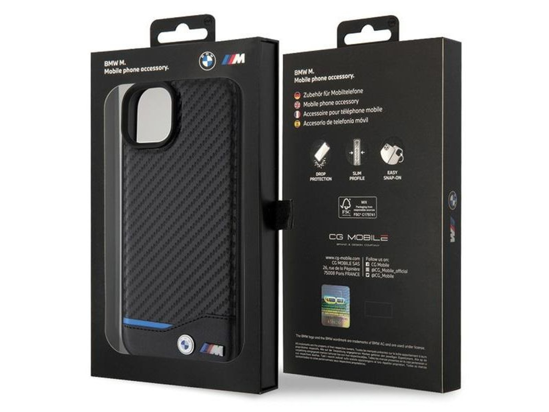 Funda BMW de cuero y carbono para iPhone 15 Plus - negra