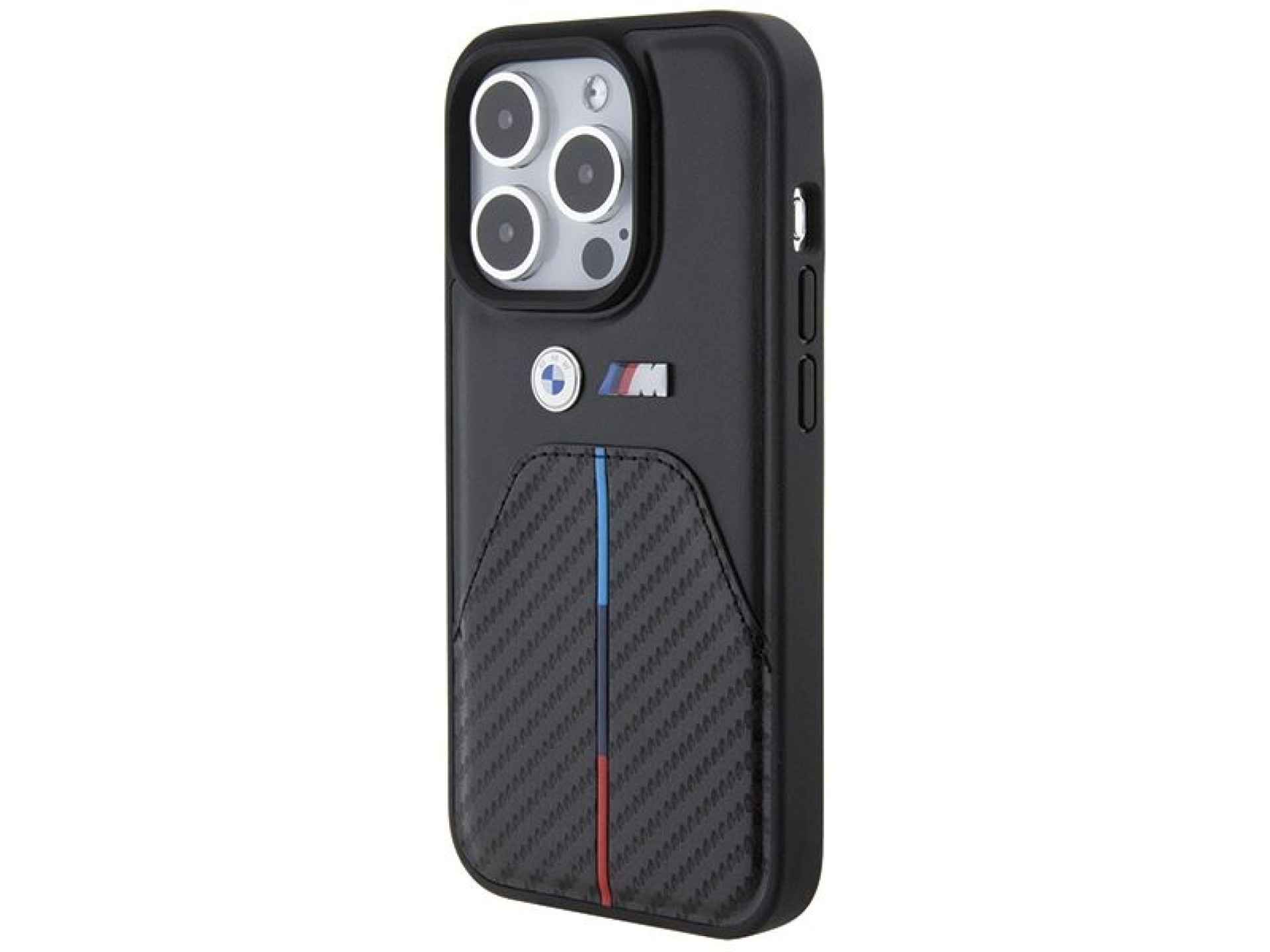 Funda para iPhone 15 Pro con franja tricolor estampada de BMW - Negra
