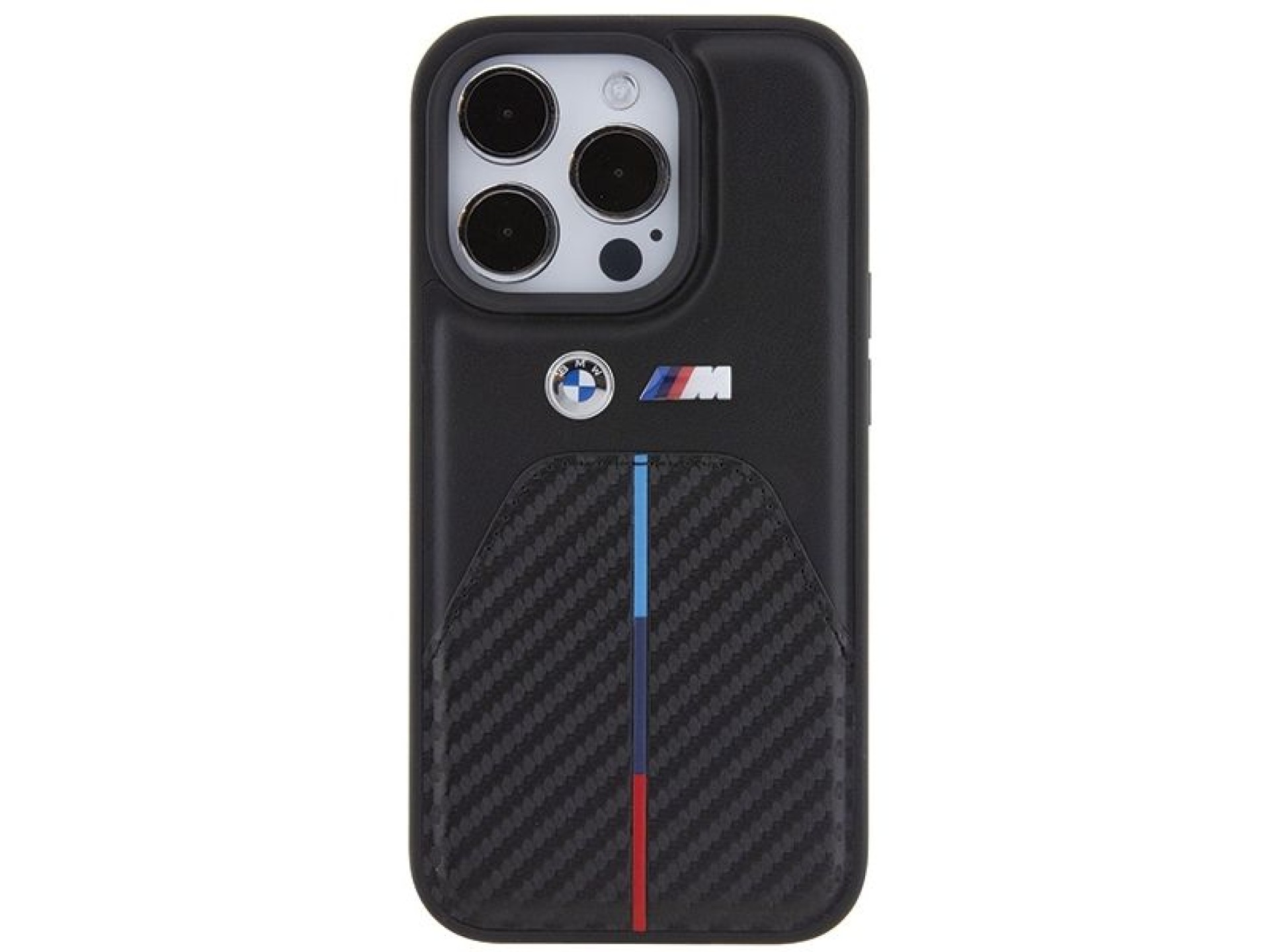 Funda para iPhone 15 Pro con franja tricolor estampada de BMW - Negra