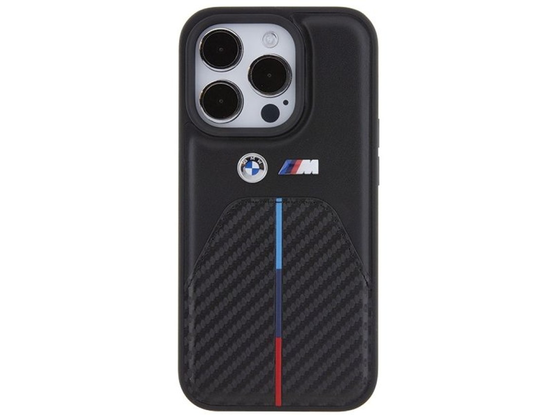 Funda para iPhone 15 Pro con franja tricolor estampada de BMW - Negra