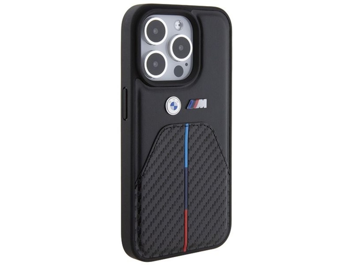 Funda para iPhone 15 Pro con franja tricolor estampada de BMW - Negra