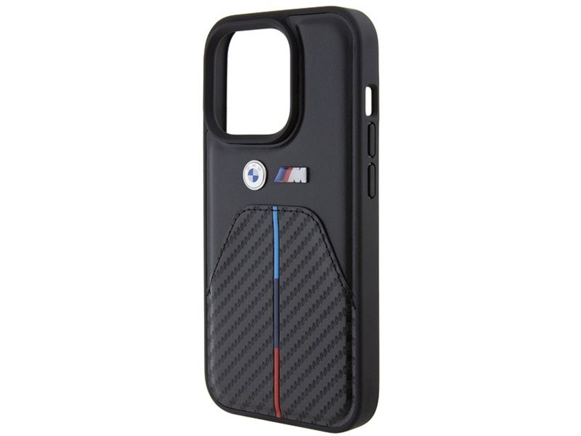 Funda para iPhone 15 Pro con franja tricolor estampada de BMW - Negra