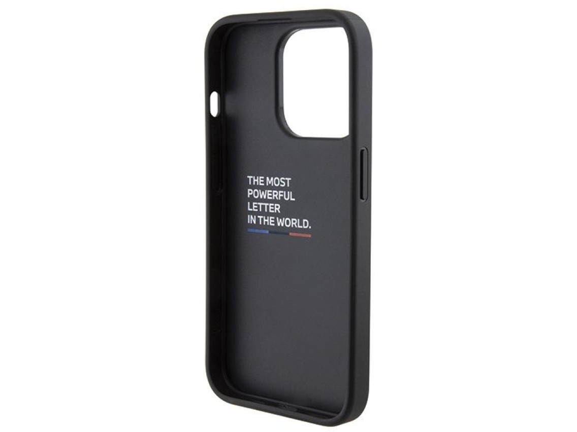 Funda para iPhone 15 Pro con franja tricolor estampada de BMW - Negra