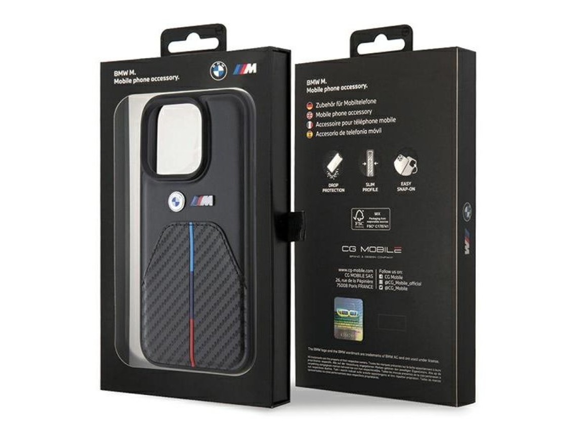 Funda para iPhone 15 Pro con franja tricolor estampada de BMW - Negra