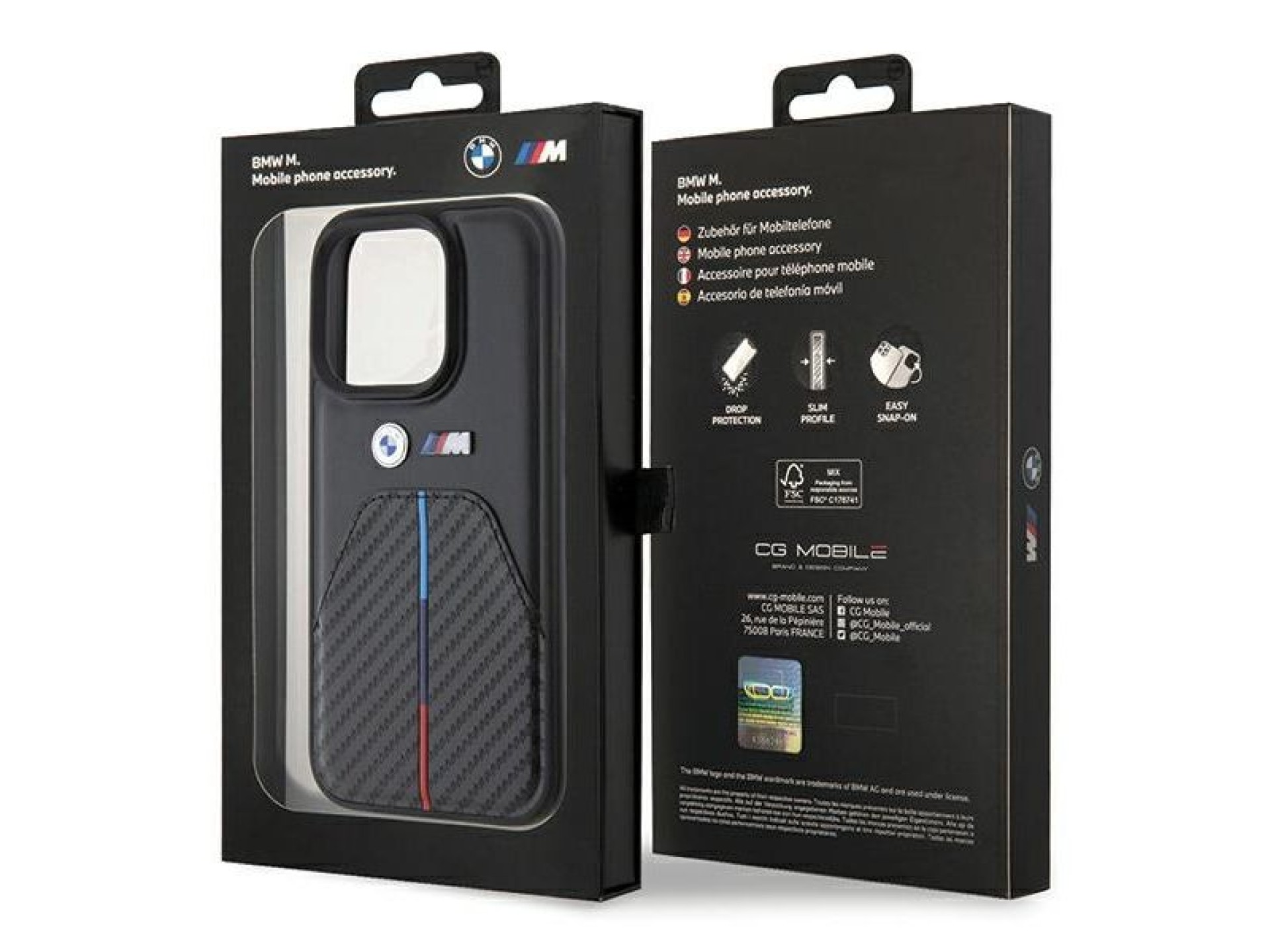 Funda para iPhone 15 Pro con franja tricolor estampada de BMW - Negra