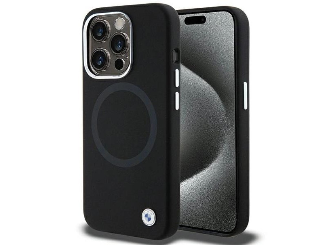Funda BMW Signature de silicona líquida MagSafe para iPhone 15 Pro - negra