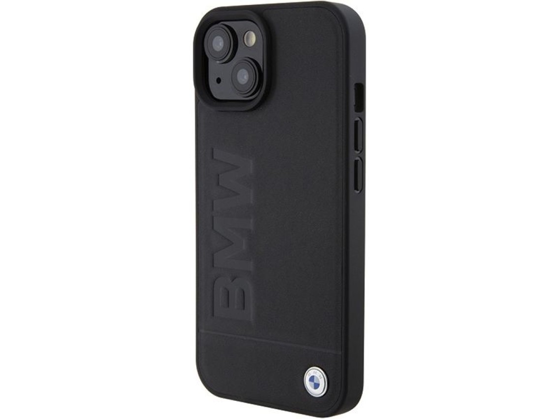 Funda BMW MagSafe de cuero con estampado en caliente para iPhone 15 Plus - negra