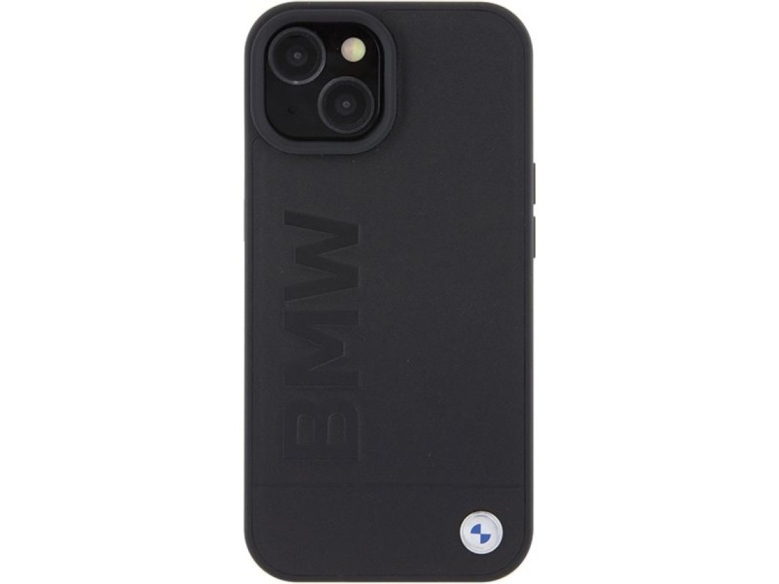 Funda BMW MagSafe de cuero con estampado en caliente para iPhone 15 Plus - negra