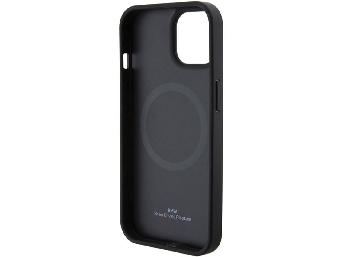 Funda BMW MagSafe de cuero con estampado en caliente para iPhone 15 Plus - negra
