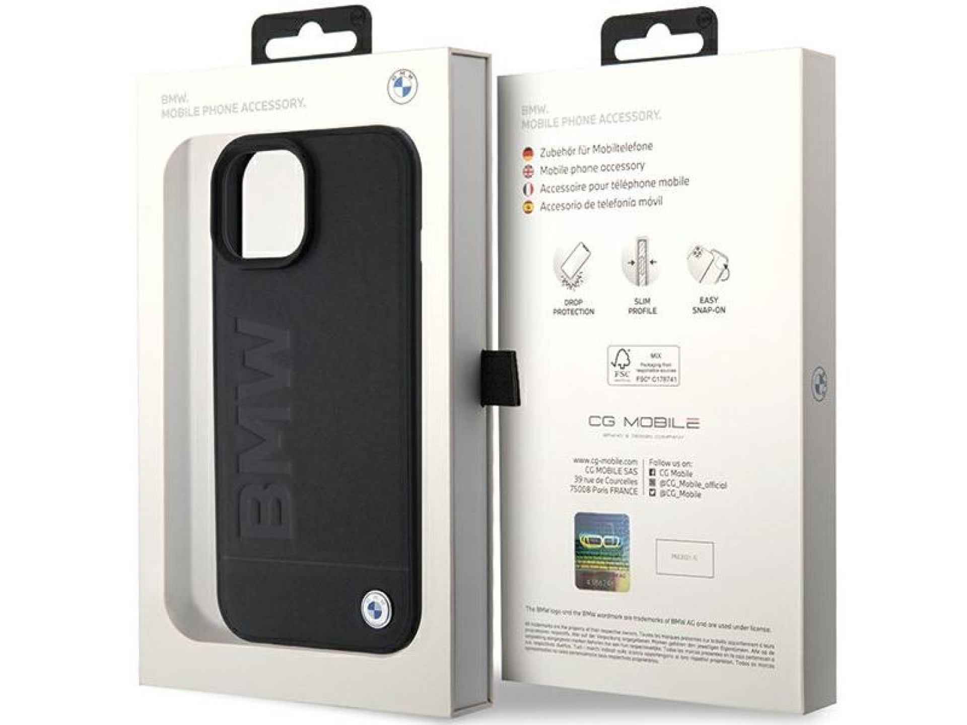 Funda BMW MagSafe de cuero con estampado en caliente para iPhone 15 Plus - negra