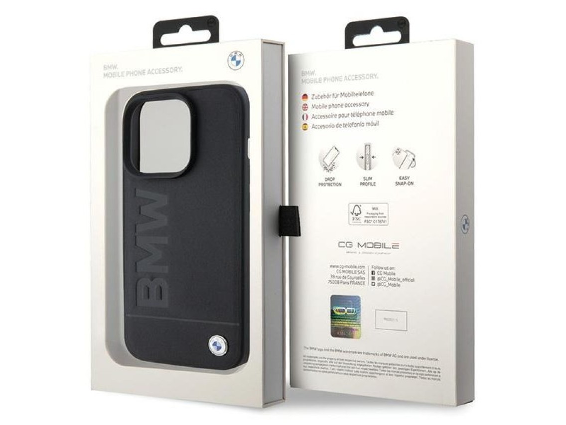 Capa BMW MagSafe em couro com grava��o a quente para iPhone 15 Pro - preta