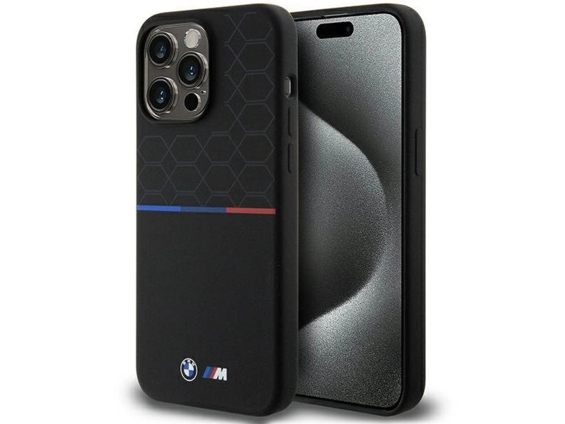 Capa MagSafe de silicone com padrão BMW M para iPhone 15 Pro Max - preta