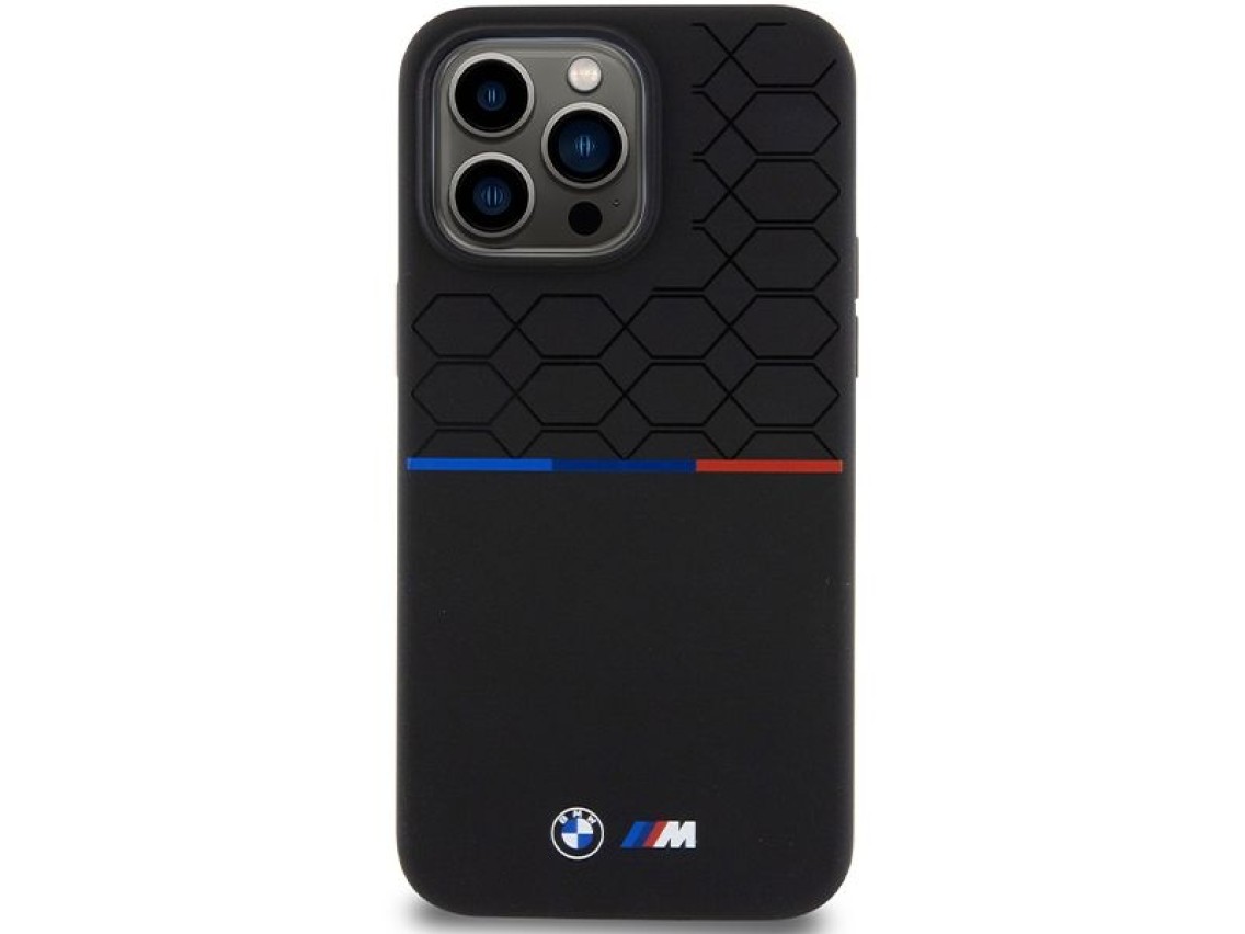 Capa MagSafe de silicone com padrão BMW M para iPhone 15 Pro Max - preta