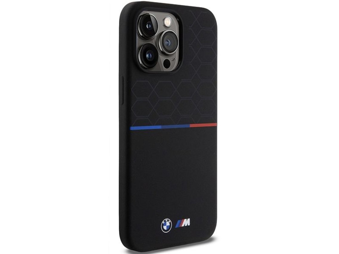Capa MagSafe de silicone com padrão BMW M para iPhone 15 Pro Max - preta