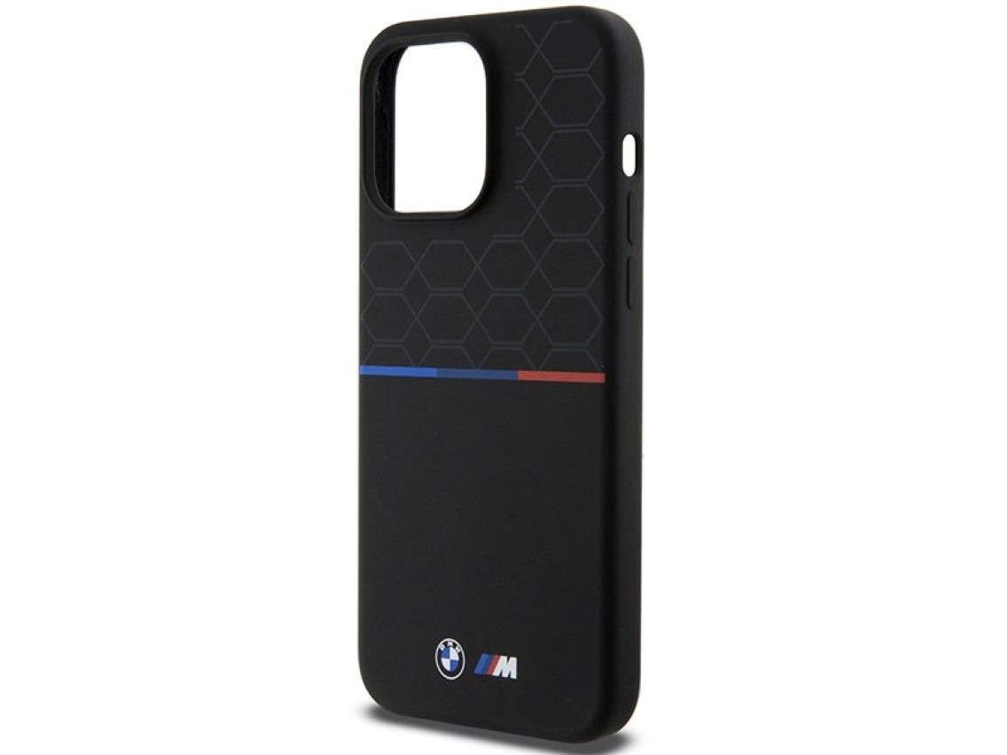 Capa MagSafe de silicone com padrão BMW M para iPhone 15 Pro Max - preta