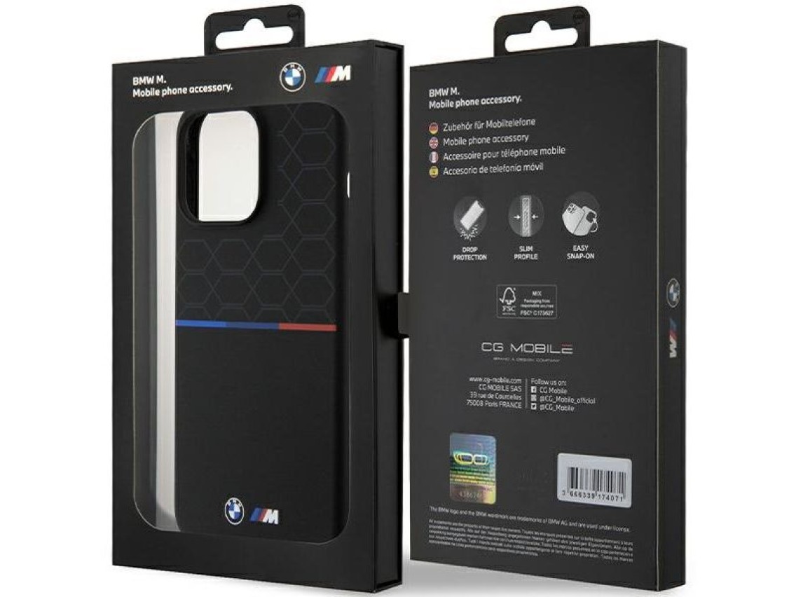 Capa MagSafe de silicone com padrão BMW M para iPhone 15 Pro Max - preta