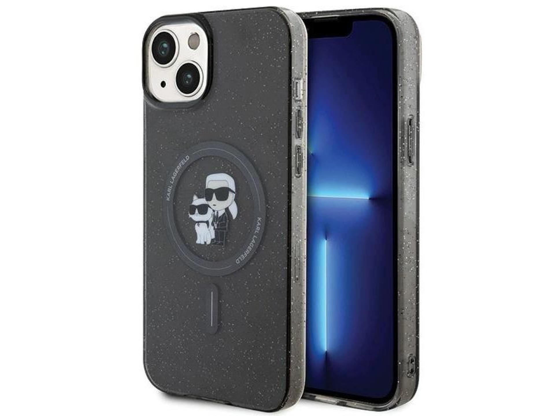 Capa MagSafe com glitter Karl Lagerfeld Karl&Choupette para iPhone 15 Plus - preta