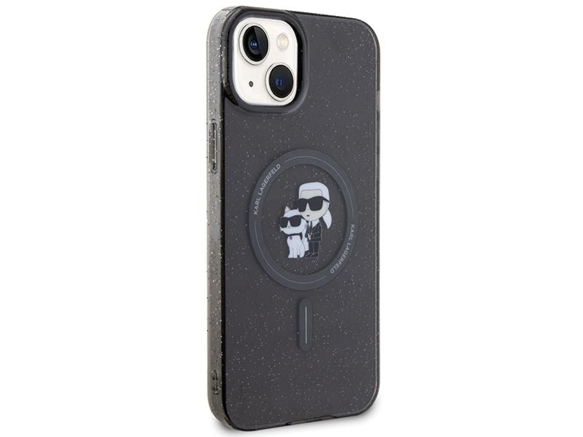 Capa MagSafe com glitter Karl Lagerfeld Karl&Choupette para iPhone 15 Plus - preta