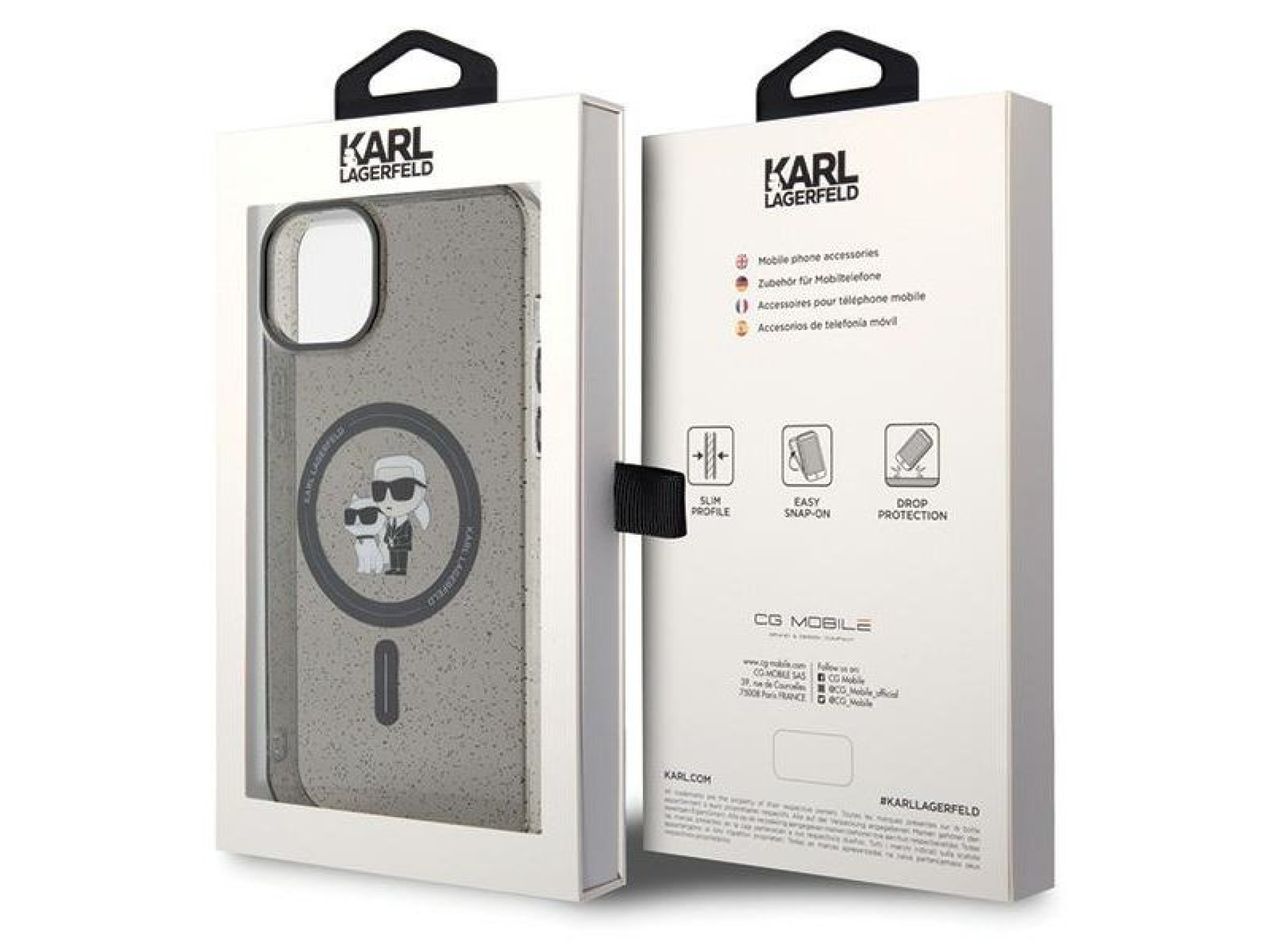 Capa MagSafe com glitter Karl Lagerfeld Karl&Choupette para iPhone 15 Plus - preta